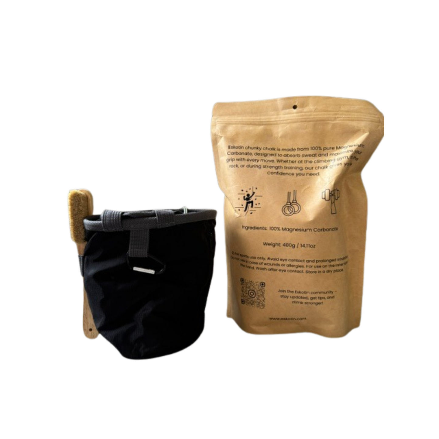 Pack Escalada – Magnesio 400 g + Bolsa + Cepillo | Kit Completo para Escaladores de Roca